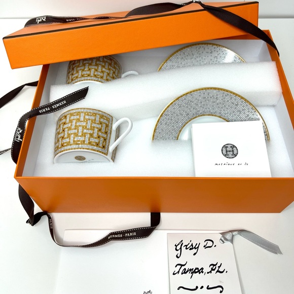 HERMES Porcelain Tea Cup & Saucer Set Mosaique Au 24 Gold 2 Cups 2 Saucers - Picture 5 of 6